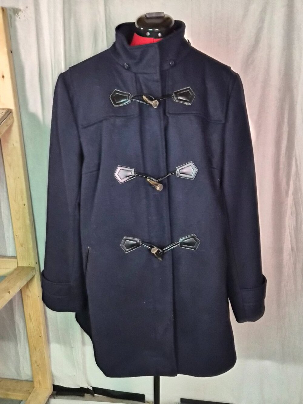 Liz Claiborne Coat Women’s Size 1X Wool Blend Navy Blue Toggle Duffle Style